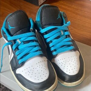 Jordan Black and Blue Athletic Shoes with Leather Upper